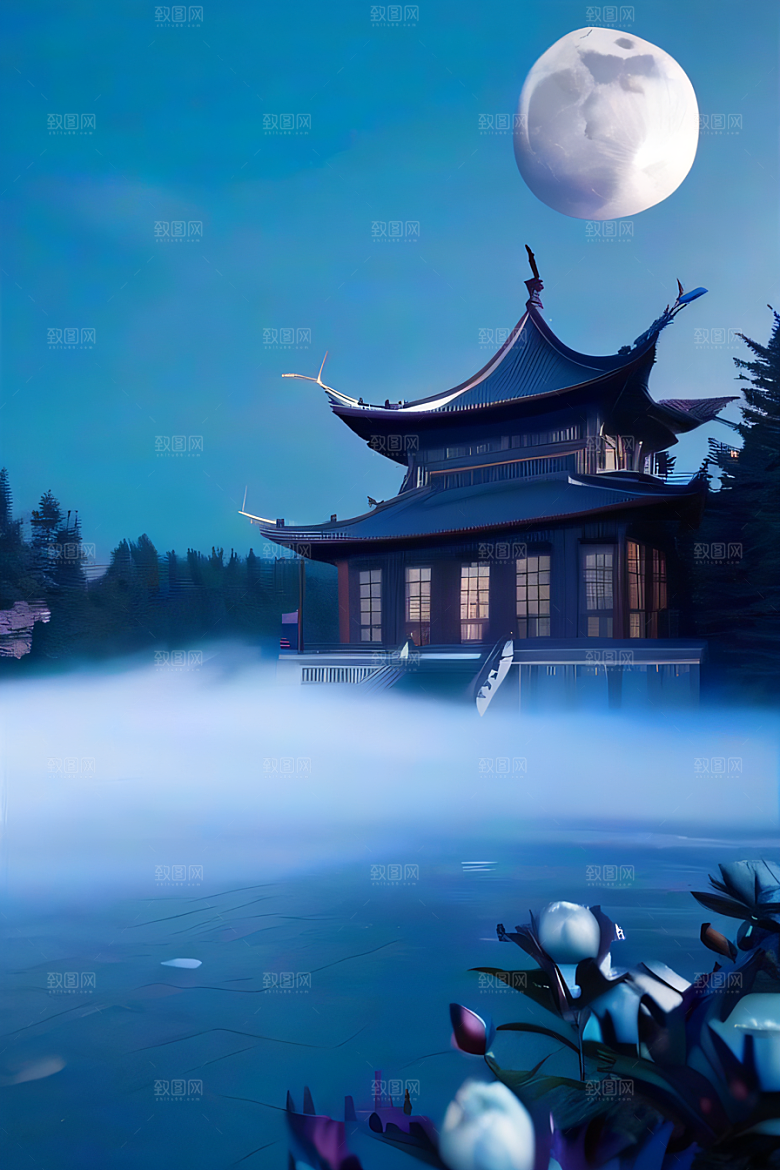 梦幻渲染作品云中古亭蓝白牡丹与圆月