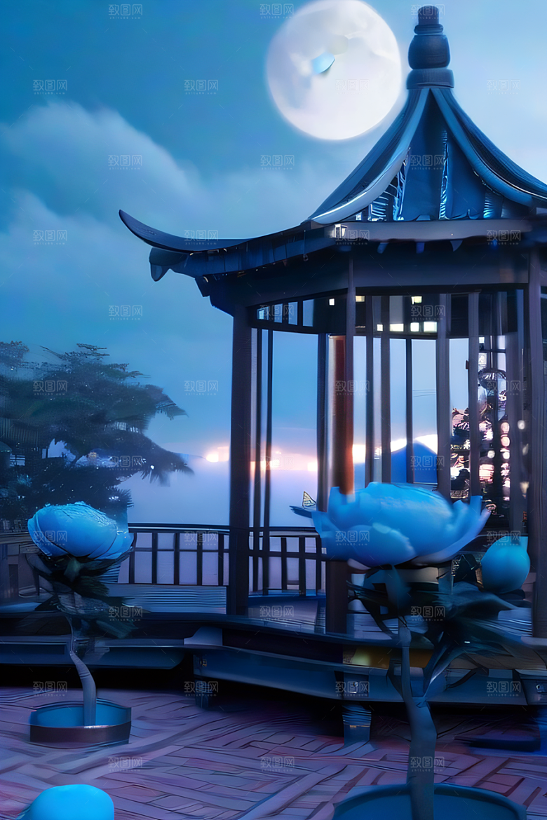 梦幻渲染作品云中古亭蓝白牡丹与圆月