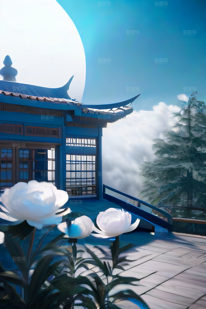 梦幻渲染作品云中古亭蓝白牡丹与圆月