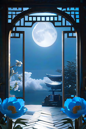 梦幻渲染作品云中古亭蓝白牡丹与圆月