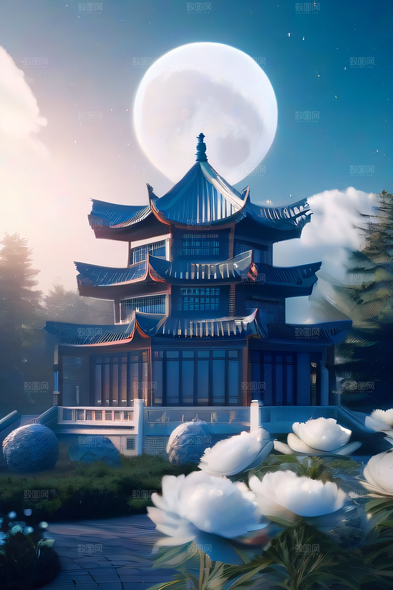 梦幻渲染作品云中古亭蓝白牡丹与圆月