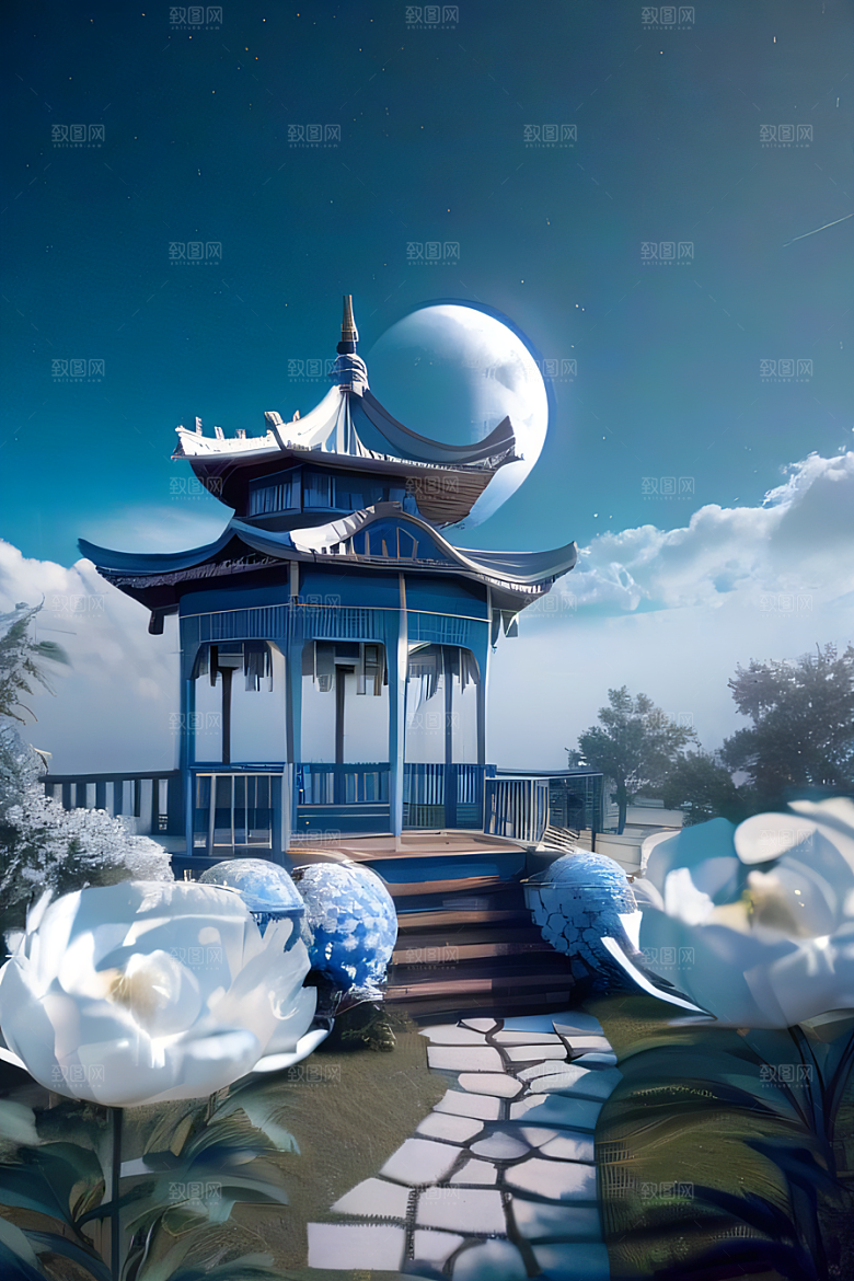梦幻渲染作品云中古亭蓝白牡丹与圆月