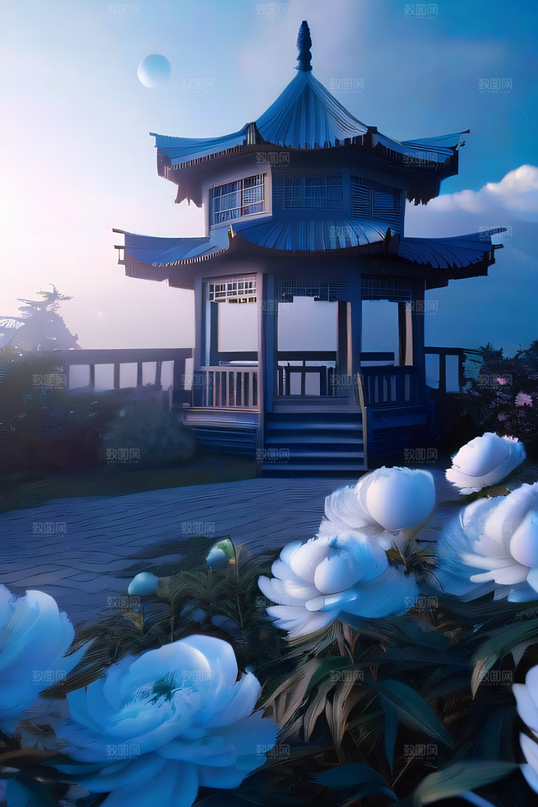 梦幻渲染作品云中古亭蓝白牡丹与圆月