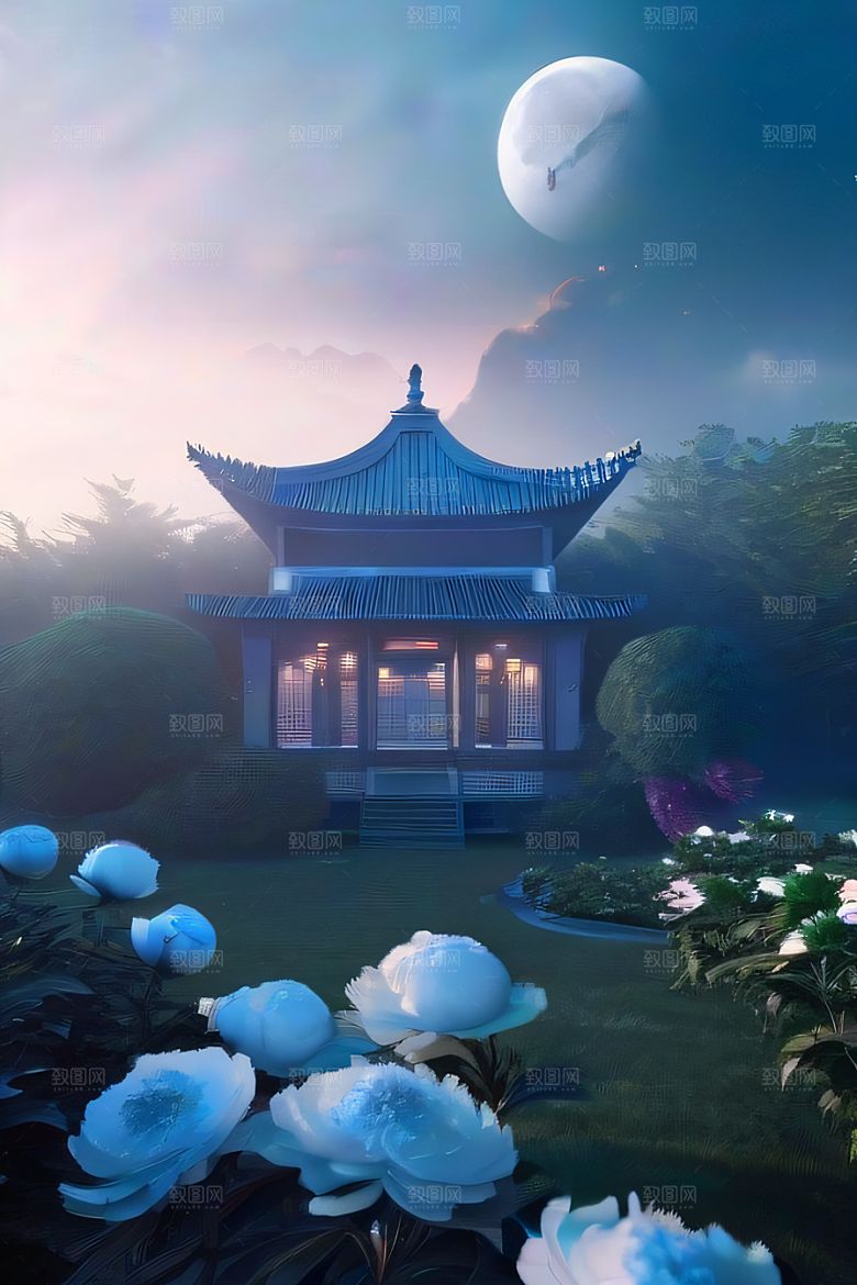 梦幻渲染作品云中古亭蓝白牡丹与圆月