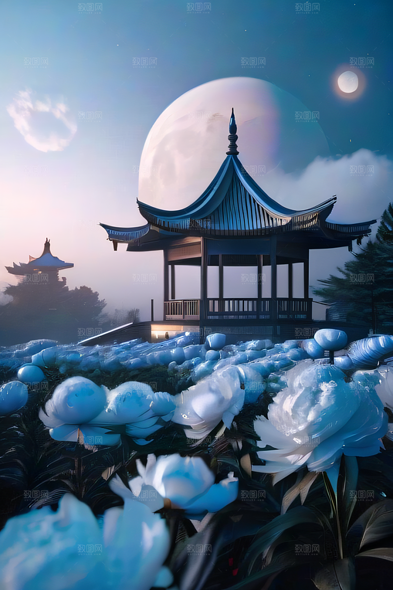 梦幻渲染作品云中古亭蓝白牡丹与圆月