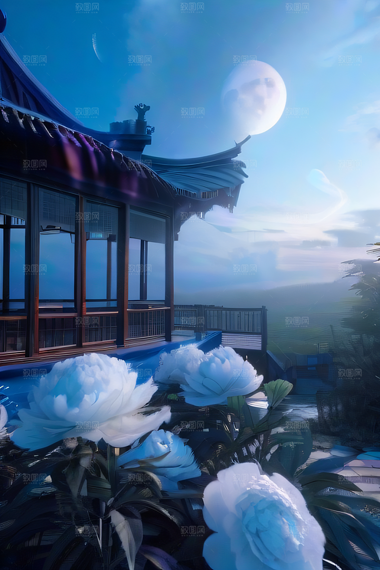 梦幻渲染作品云中古亭蓝白牡丹与圆月