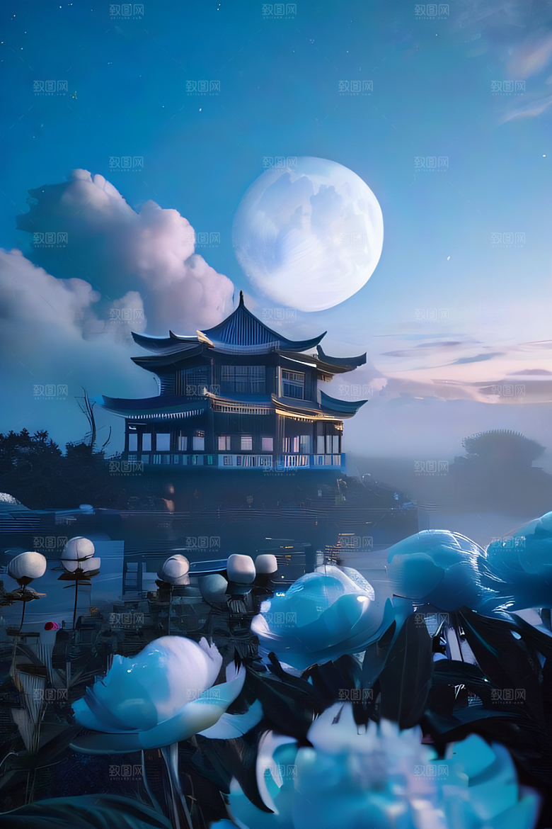 梦幻渲染作品云中古亭蓝白牡丹与圆月