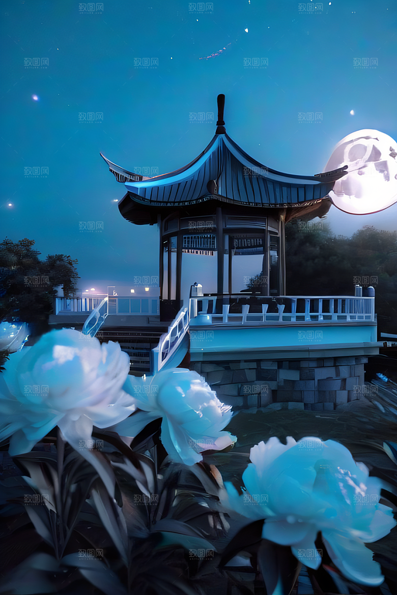 梦幻渲染作品云中古亭蓝白牡丹与圆月