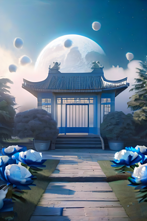 梦幻世界中的中国古亭蓝白牡丹与圆月