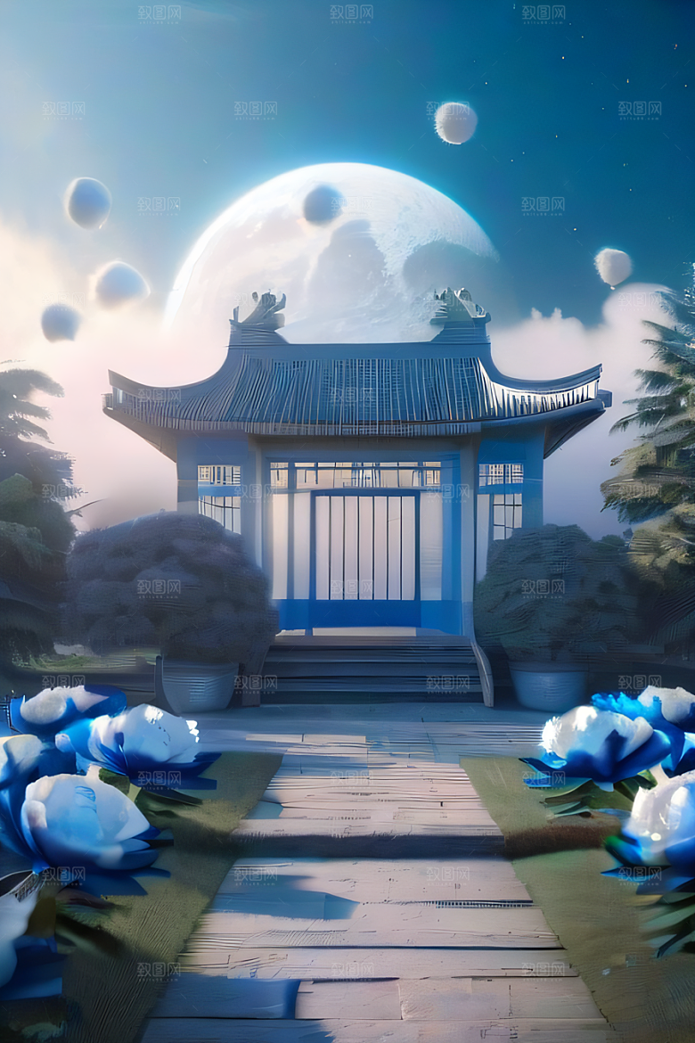 梦幻世界中的中国古亭蓝白牡丹与圆月