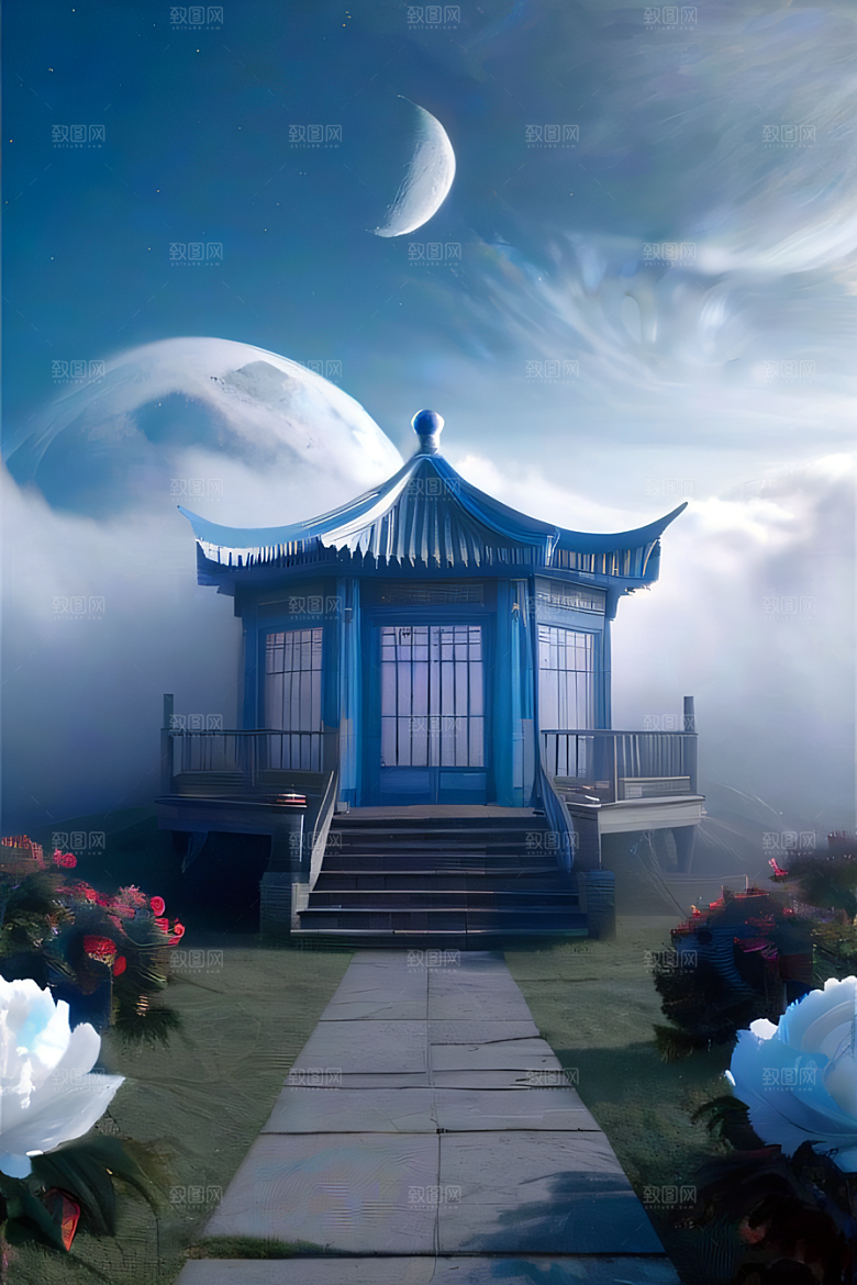 梦幻世界中的中国古亭蓝白牡丹与圆月