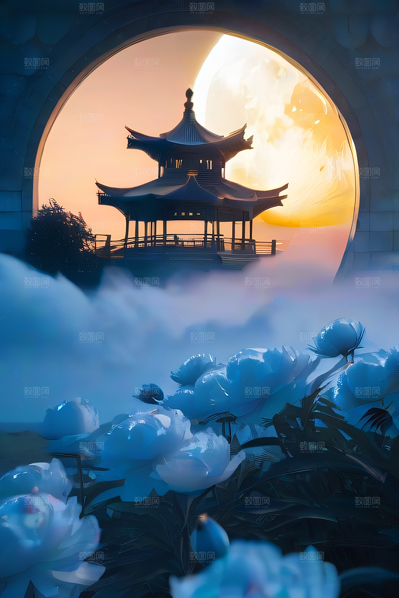 梦幻世界中的中国古亭蓝白牡丹与圆月