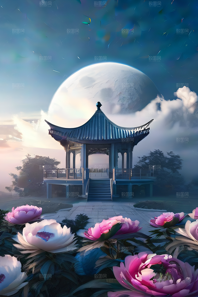 梦幻世界中的中国古亭蓝白牡丹与圆月