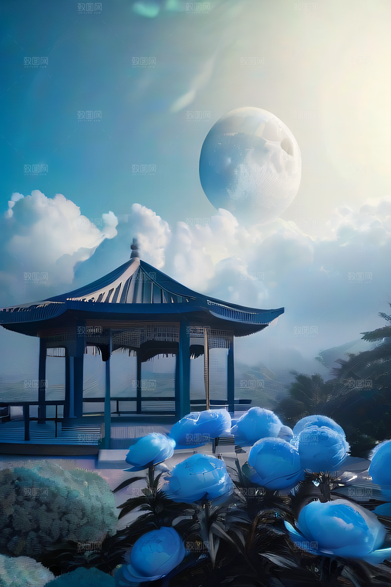 梦幻世界中的中国古亭蓝白牡丹与圆月
