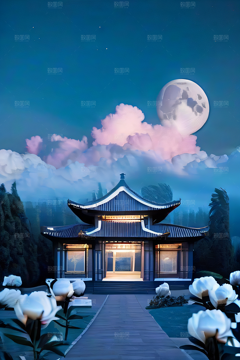 梦幻世界中的中国古亭蓝白牡丹与圆月