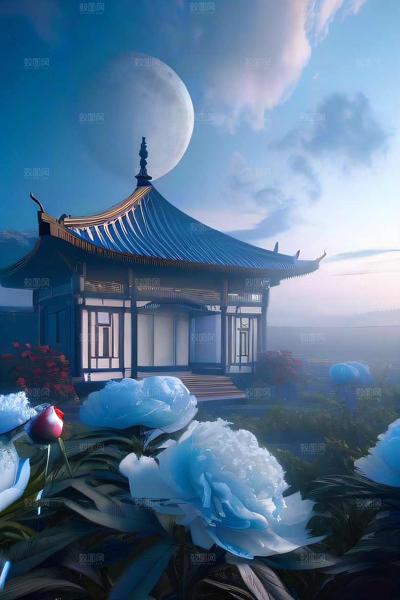 梦幻世界中的中国古亭蓝白牡丹与圆月