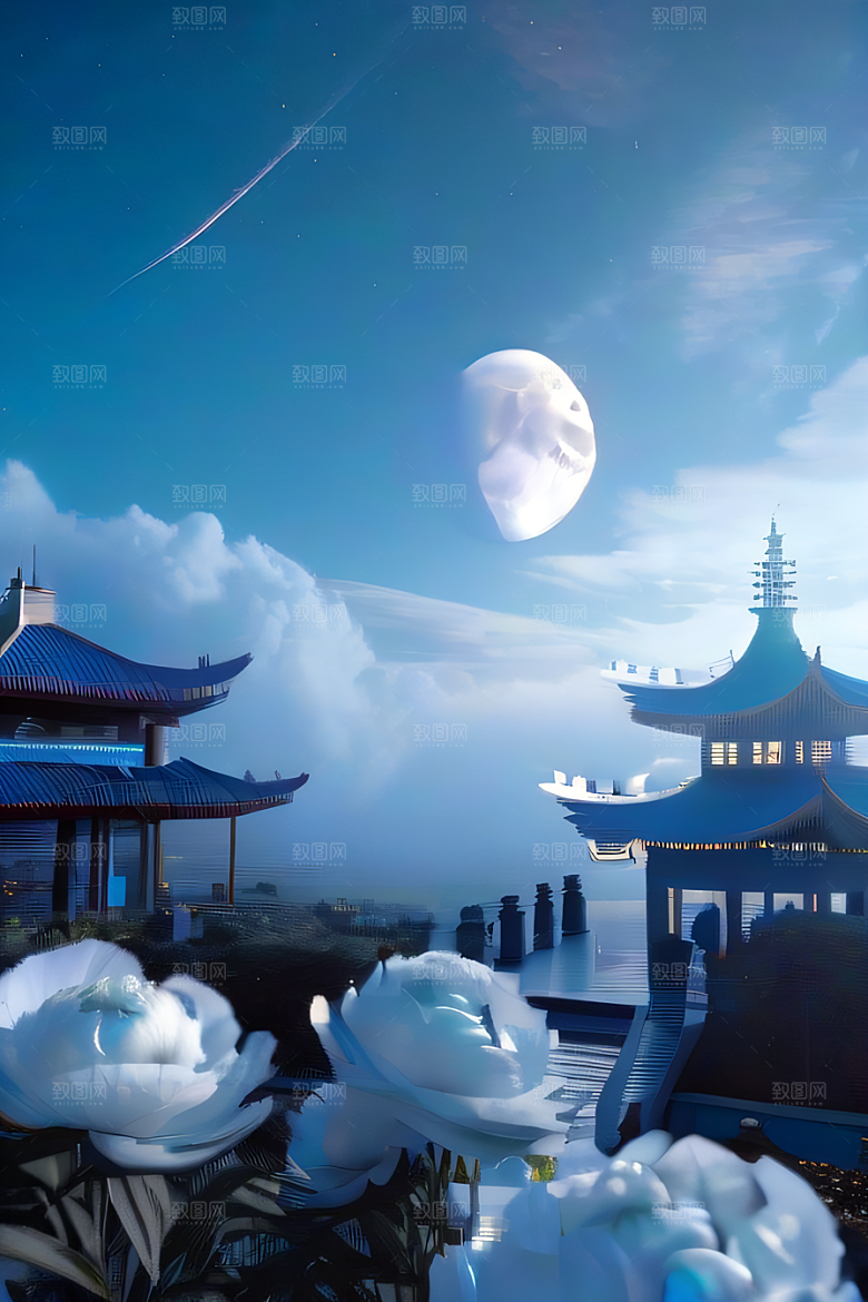 梦幻世界中的中国古亭蓝白牡丹与圆月