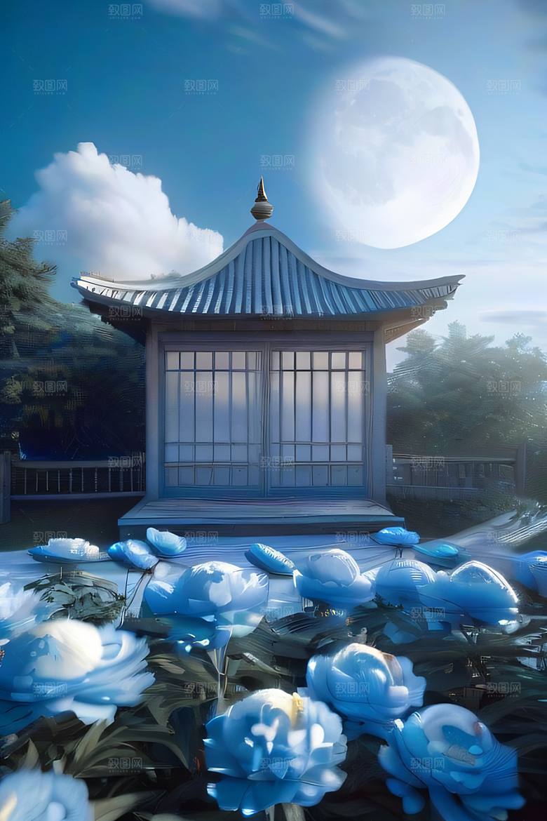 梦幻世界中的中国古亭蓝白牡丹与圆月