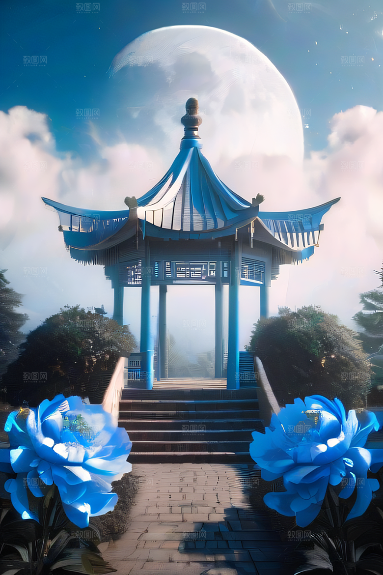 梦幻世界中的中国古亭蓝白牡丹与圆月