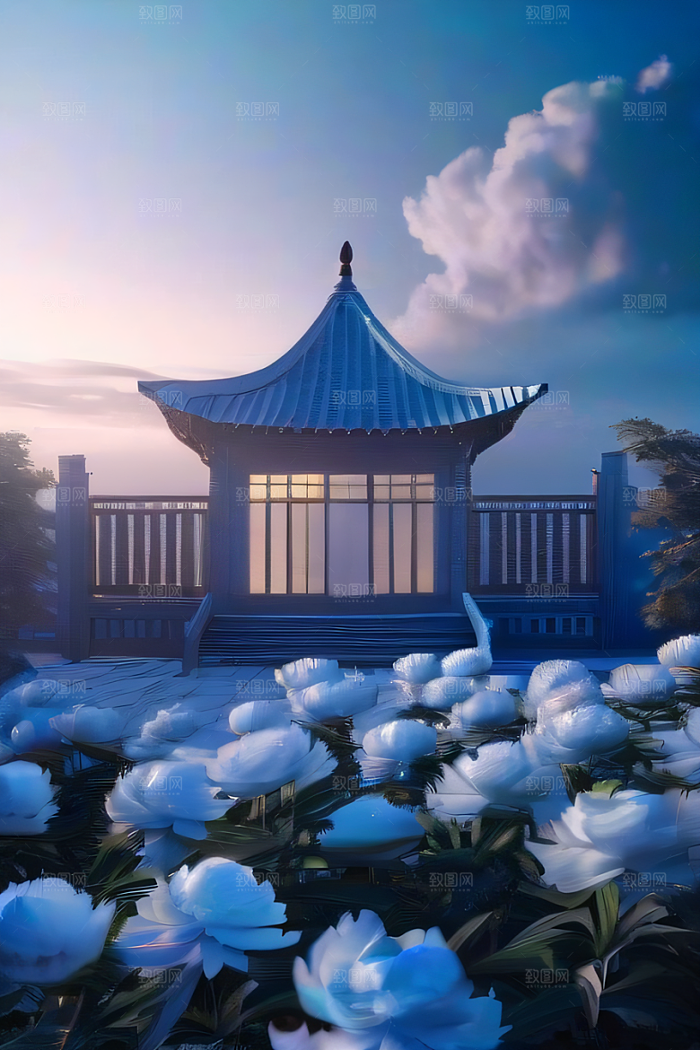 梦幻世界中的中国古亭蓝白牡丹与圆月