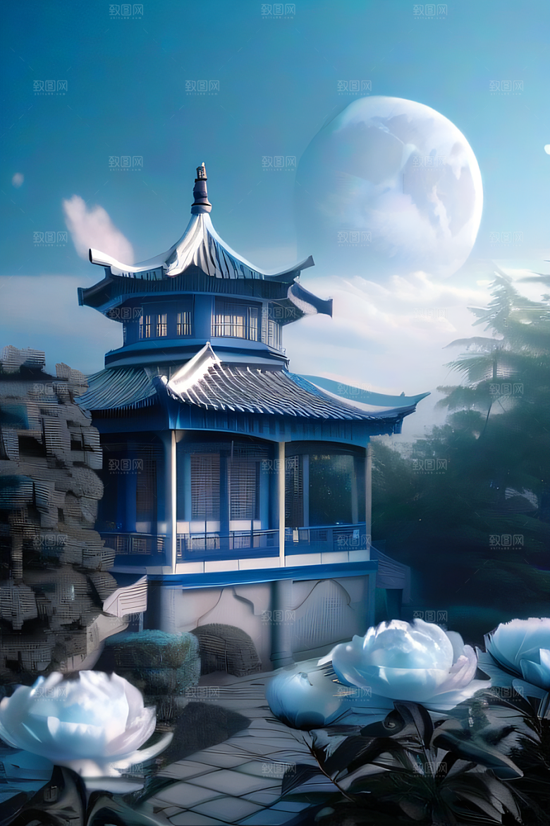 梦幻世界中的中国古亭蓝白牡丹与圆月