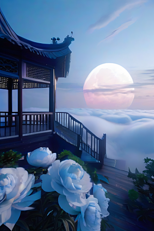 梦幻世界中的中国古亭蓝白牡丹与圆月