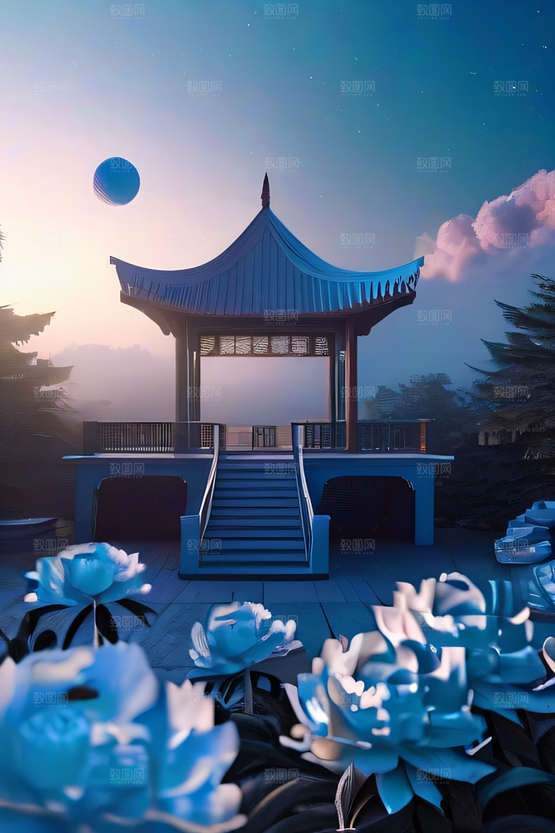 梦幻世界中的中国古亭蓝白牡丹与圆月