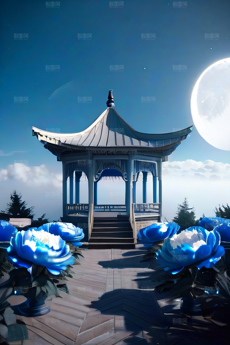 梦幻世界中的中国古亭蓝白牡丹与圆月