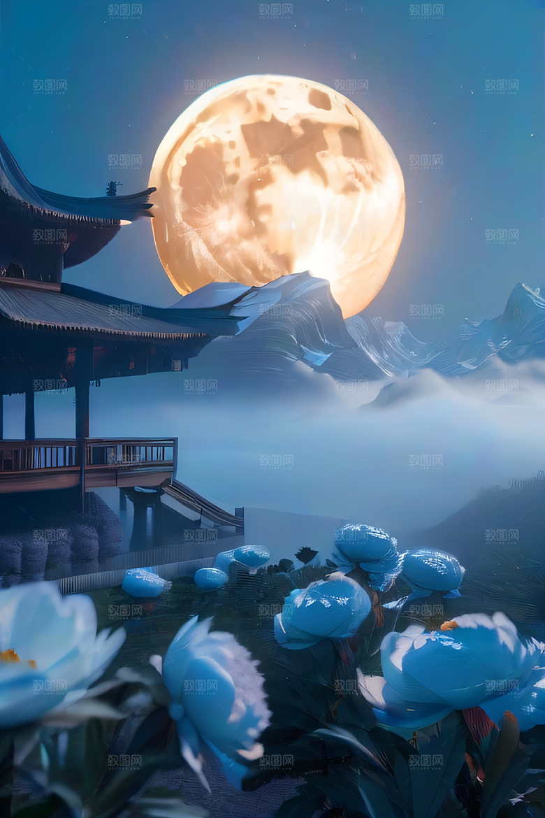 梦幻世界中的中国古亭蓝白牡丹与圆月
