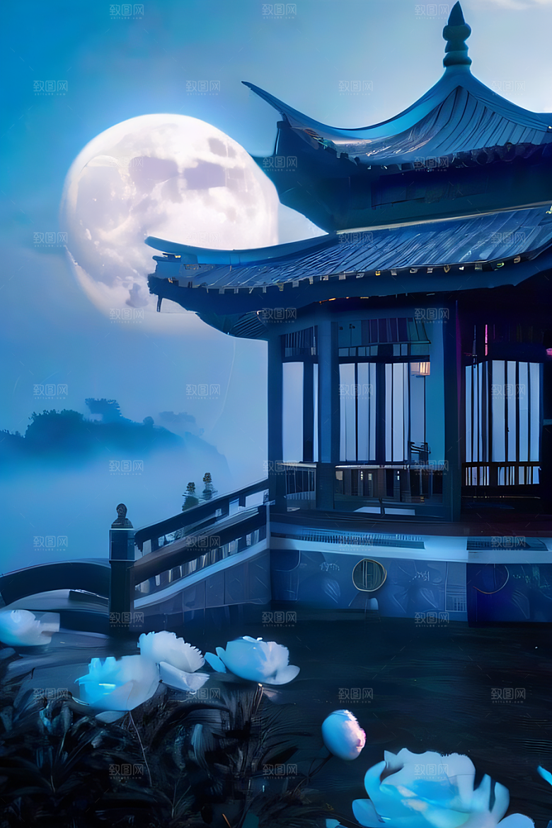 中国古亭下的梦幻云彩蓝白牡丹与圆月
