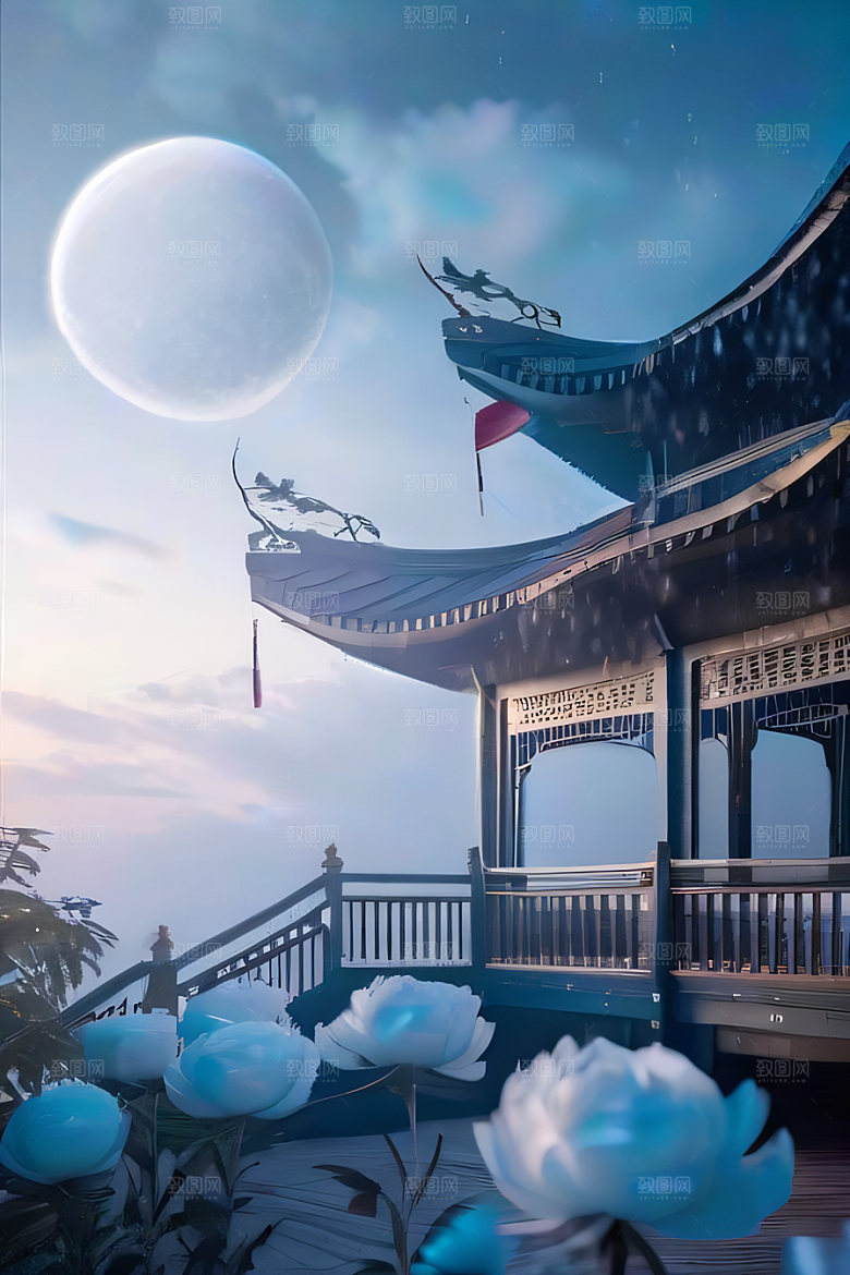 中国古亭下的梦幻云彩蓝白牡丹与圆月