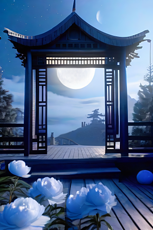 中国古亭下的梦幻云彩蓝白牡丹与圆月