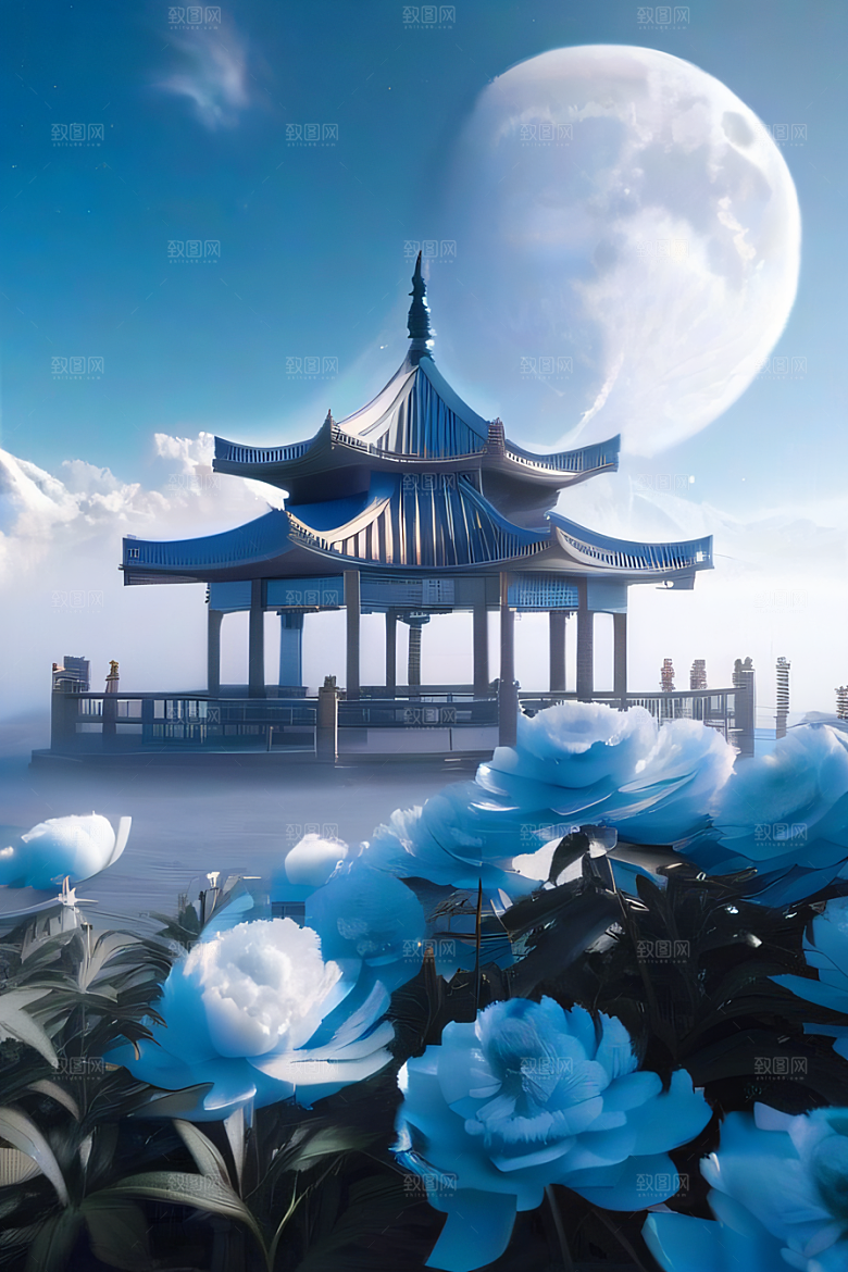中国古亭下的梦幻云彩蓝白牡丹与圆月