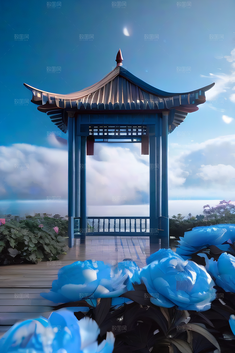 中国古亭下的梦幻云彩蓝白牡丹与圆月