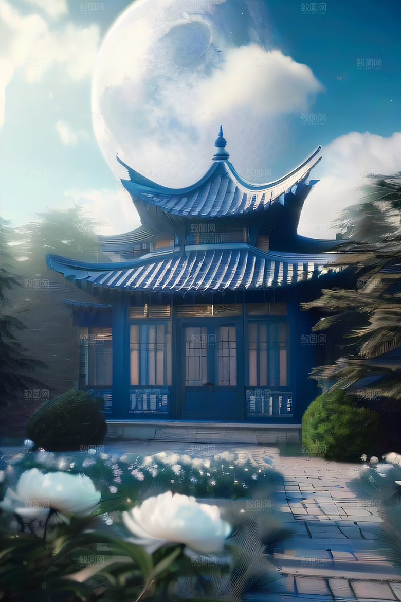 中国古亭下的梦幻云彩蓝白牡丹与圆月
