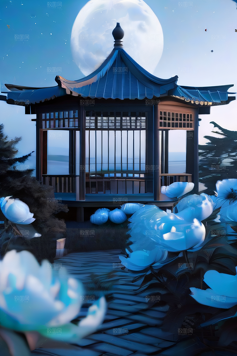 中国古亭下的梦幻云彩蓝白牡丹与圆月
