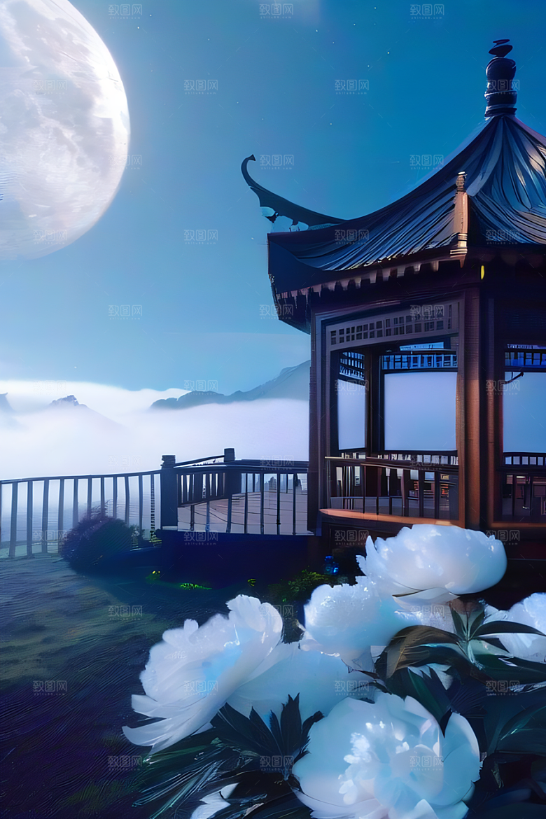 中国古亭下的梦幻云彩蓝白牡丹与圆月