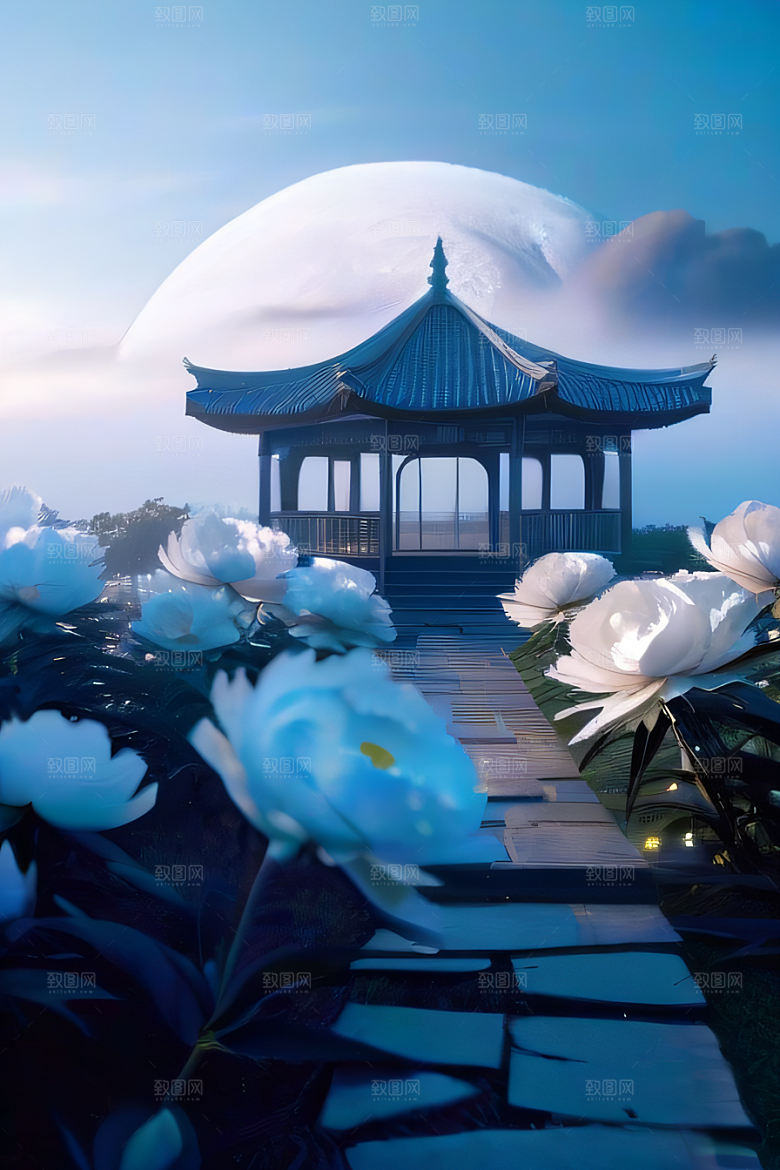 中国古亭下的梦幻云彩蓝白牡丹与圆月