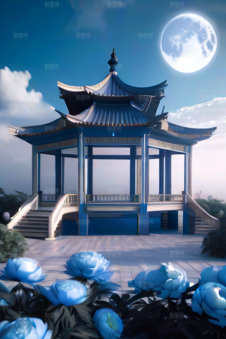 中国古亭下的梦幻云彩蓝白牡丹与圆月