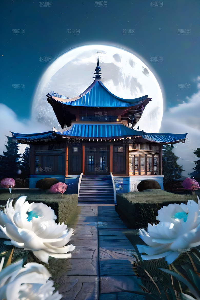 中国古亭下的梦幻云彩蓝白牡丹与圆月