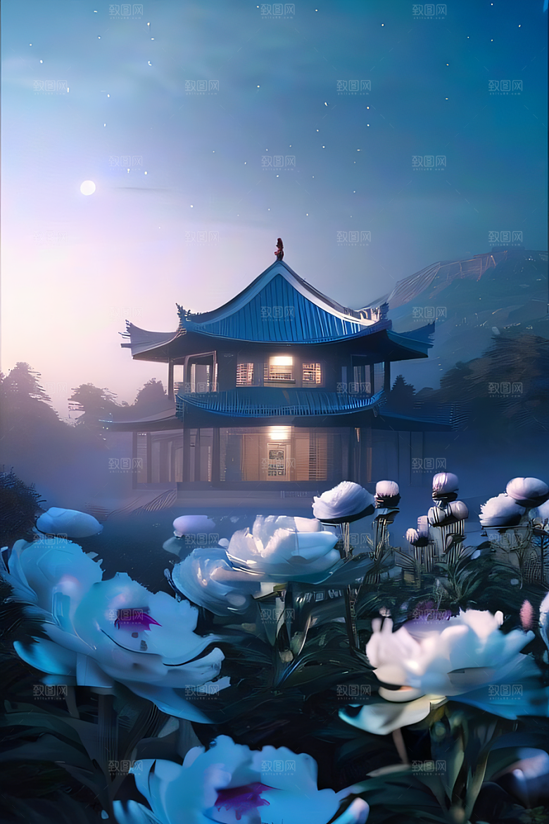 中国古亭下的梦幻云彩蓝白牡丹与圆月