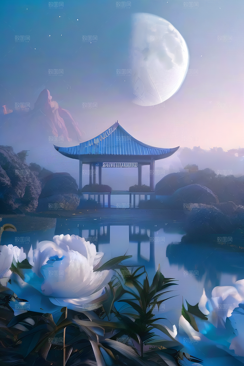 中国古亭下的梦幻云彩蓝白牡丹与圆月