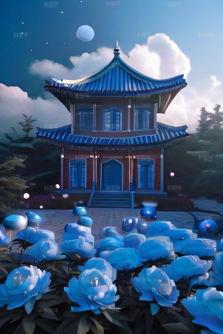 中国古亭下的梦幻云彩蓝白牡丹与圆月