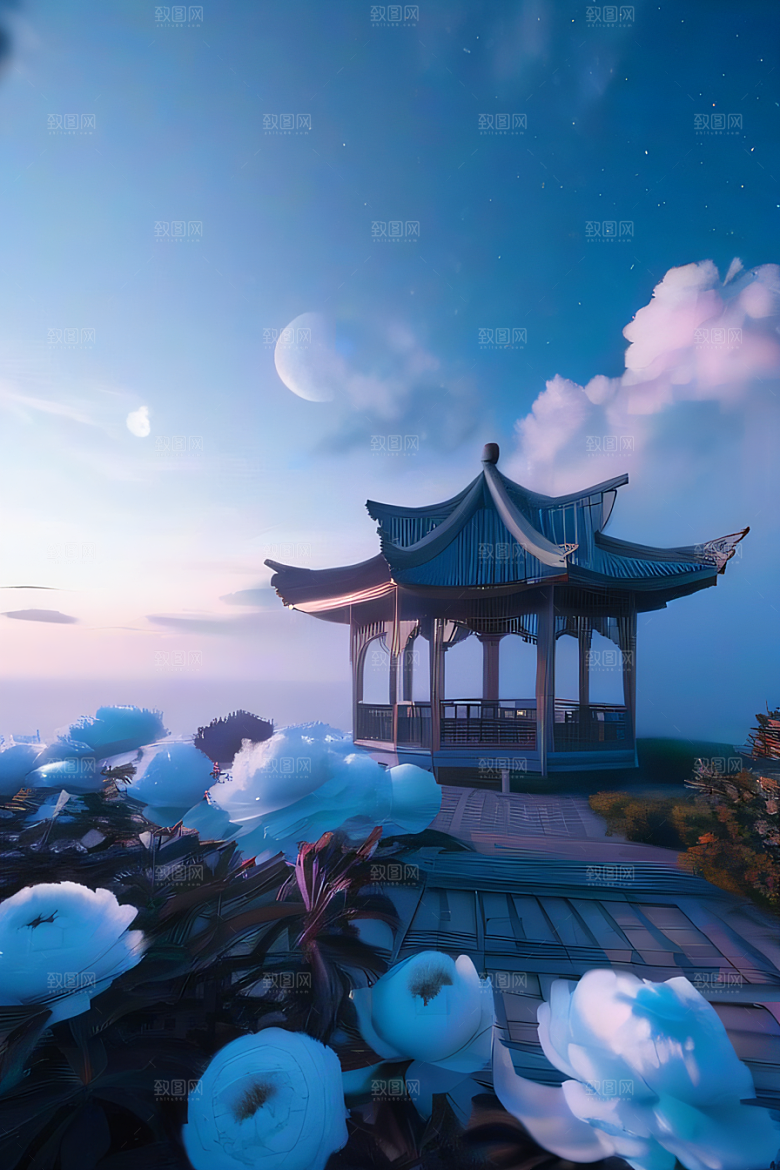 中国古亭下的梦幻云彩蓝白牡丹与圆月