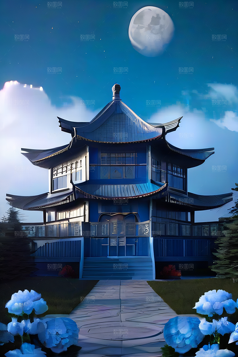 超级梦幻渲染作品云中古亭蓝白牡丹与圆月