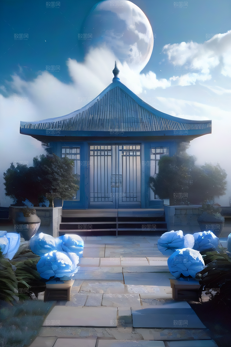 超级梦幻渲染作品云中古亭蓝白牡丹与圆月