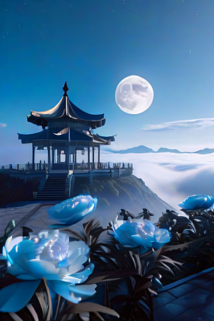 超级梦幻渲染作品云中古亭蓝白牡丹与圆月