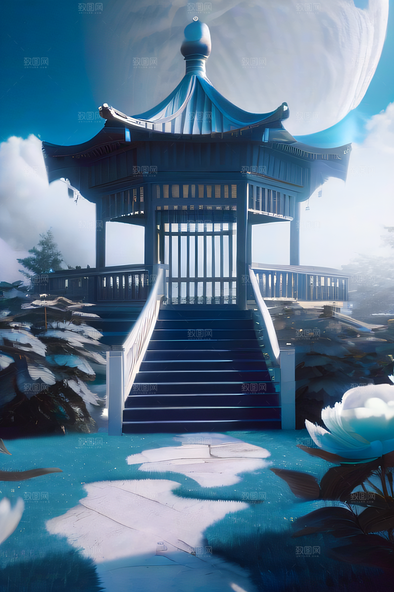 超级梦幻渲染作品云中古亭蓝白牡丹与圆月