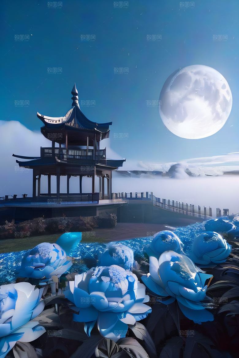 超级梦幻渲染作品云中古亭蓝白牡丹与圆月