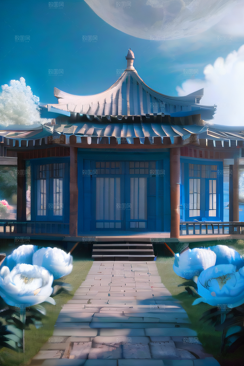 超级梦幻渲染作品云中古亭蓝白牡丹与圆月
